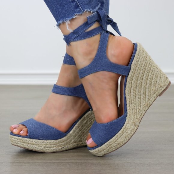 Denim Glamorous Ankle Tie Espadrille Wedge - Picture 5 of 7